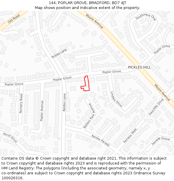 144, POPLAR GROVE, BRADFORD, BD7 4JT: Location map and indicative extent of plot