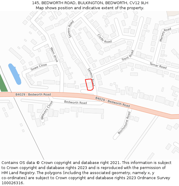 145, BEDWORTH ROAD, BULKINGTON, BEDWORTH, CV12 9LH: Location map and indicative extent of plot