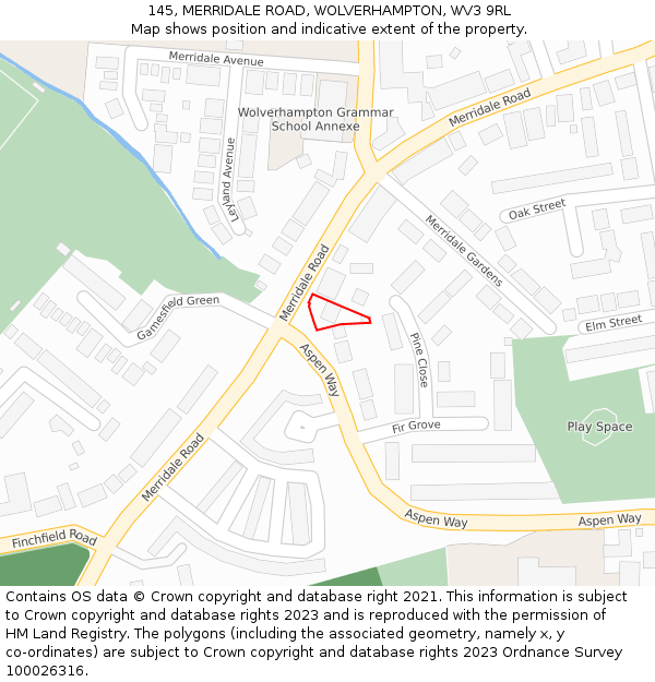 145, MERRIDALE ROAD, WOLVERHAMPTON, WV3 9RL: Location map and indicative extent of plot