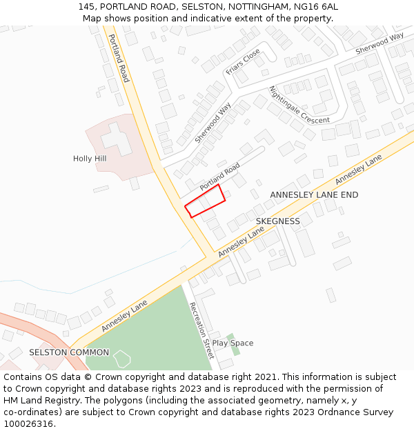 145, PORTLAND ROAD, SELSTON, NOTTINGHAM, NG16 6AL: Location map and indicative extent of plot