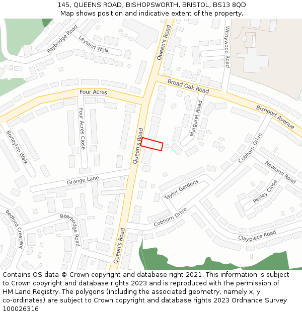 145, QUEENS ROAD, BISHOPSWORTH, BRISTOL, BS13 8QD: Location map and indicative extent of plot