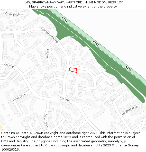 145, SPARROWHAWK WAY, HARTFORD, HUNTINGDON, PE29 1XY: Location map and indicative extent of plot