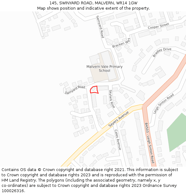 145, SWINYARD ROAD, MALVERN, WR14 1GW: Location map and indicative extent of plot