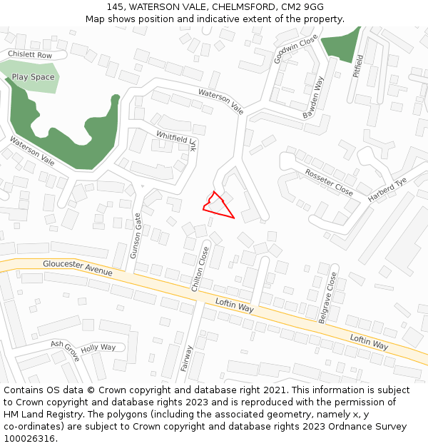 145, WATERSON VALE, CHELMSFORD, CM2 9GG: Location map and indicative extent of plot