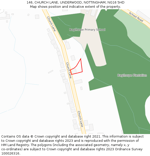 146, CHURCH LANE, UNDERWOOD, NOTTINGHAM, NG16 5HD: Location map and indicative extent of plot
