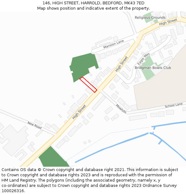 146, HIGH STREET, HARROLD, BEDFORD, MK43 7ED: Location map and indicative extent of plot