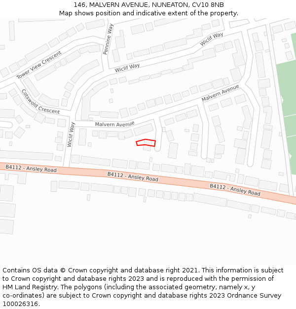 146, MALVERN AVENUE, NUNEATON, CV10 8NB: Location map and indicative extent of plot