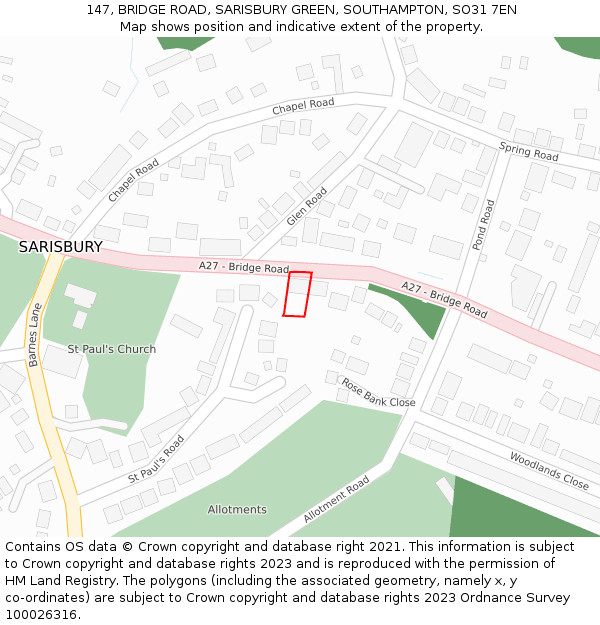 147, BRIDGE ROAD, SARISBURY GREEN, SOUTHAMPTON, SO31 7EN: Location map and indicative extent of plot