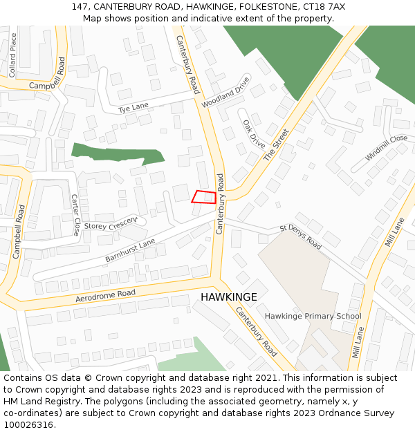 147, CANTERBURY ROAD, HAWKINGE, FOLKESTONE, CT18 7AX: Location map and indicative extent of plot