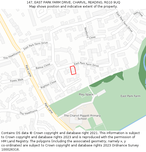 147, EAST PARK FARM DRIVE, CHARVIL, READING, RG10 9UQ: Location map and indicative extent of plot
