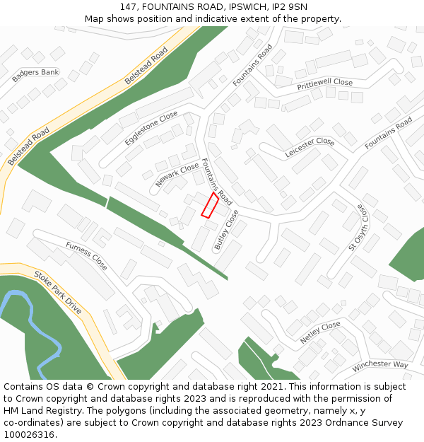 147, FOUNTAINS ROAD, IPSWICH, IP2 9SN: Location map and indicative extent of plot