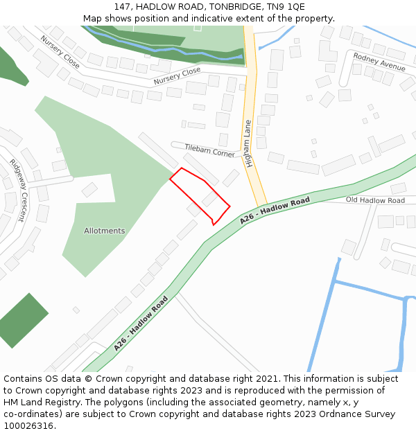 147, HADLOW ROAD, TONBRIDGE, TN9 1QE: Location map and indicative extent of plot