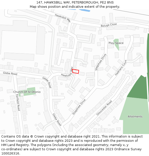 147, HAWKSBILL WAY, PETERBOROUGH, PE2 8NS: Location map and indicative extent of plot