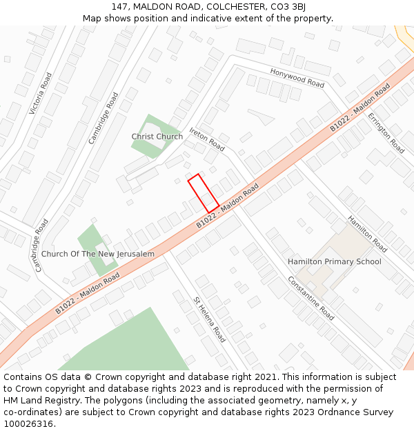 147, MALDON ROAD, COLCHESTER, CO3 3BJ: Location map and indicative extent of plot