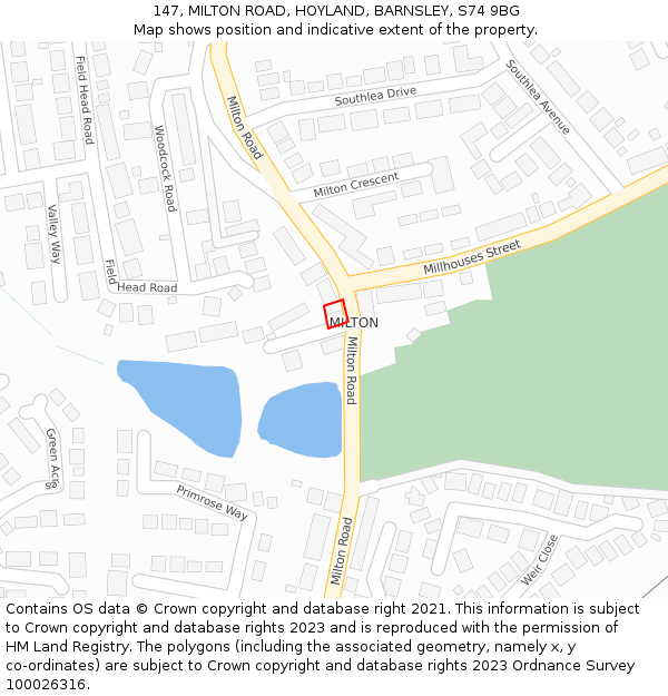 147, MILTON ROAD, HOYLAND, BARNSLEY, S74 9BG: Location map and indicative extent of plot