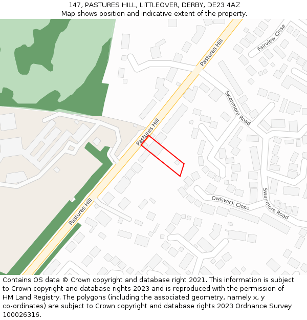 147, PASTURES HILL, LITTLEOVER, DERBY, DE23 4AZ: Location map and indicative extent of plot