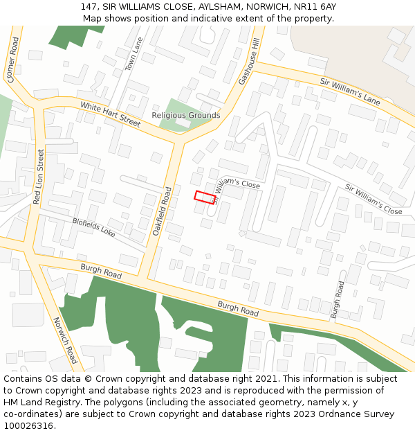 147, SIR WILLIAMS CLOSE, AYLSHAM, NORWICH, NR11 6AY: Location map and indicative extent of plot