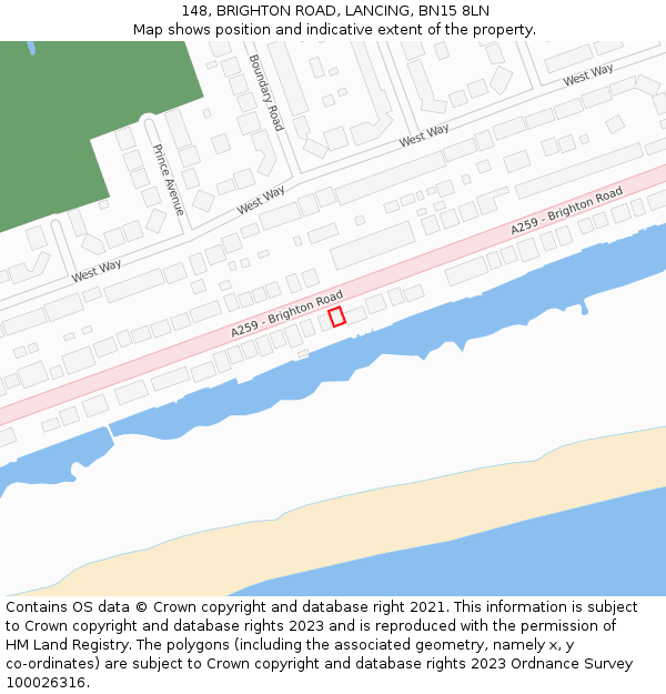 148, BRIGHTON ROAD, LANCING, BN15 8LN: Location map and indicative extent of plot