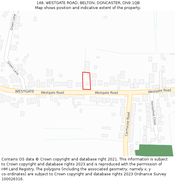148, WESTGATE ROAD, BELTON, DONCASTER, DN9 1QB: Location map and indicative extent of plot