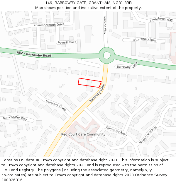 149, BARROWBY GATE, GRANTHAM, NG31 8RB: Location map and indicative extent of plot