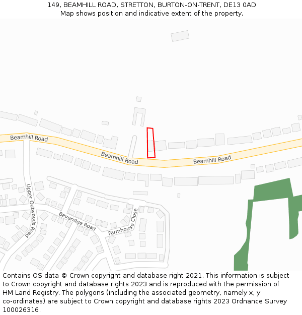 149, BEAMHILL ROAD, STRETTON, BURTON-ON-TRENT, DE13 0AD: Location map and indicative extent of plot
