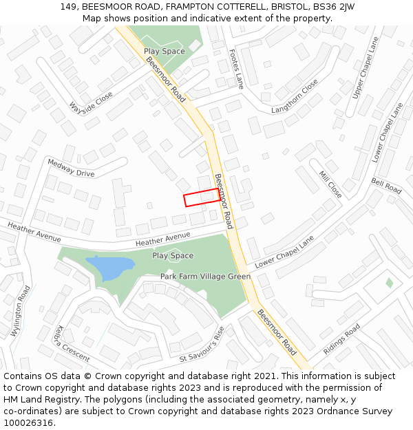 149, BEESMOOR ROAD, FRAMPTON COTTERELL, BRISTOL, BS36 2JW: Location map and indicative extent of plot
