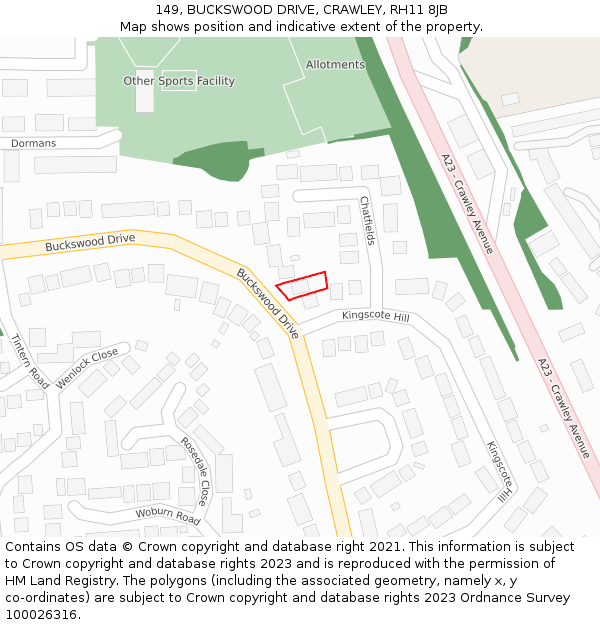 149, BUCKSWOOD DRIVE, CRAWLEY, RH11 8JB: Location map and indicative extent of plot