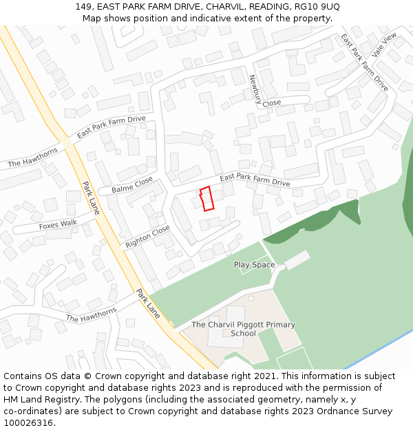 149, EAST PARK FARM DRIVE, CHARVIL, READING, RG10 9UQ: Location map and indicative extent of plot