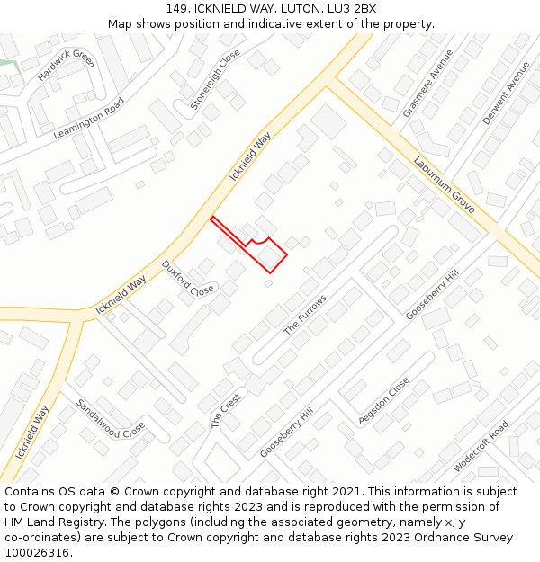149, ICKNIELD WAY, LUTON, LU3 2BX: Location map and indicative extent of plot