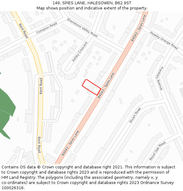 149, SPIES LANE, HALESOWEN, B62 9ST: Location map and indicative extent of plot