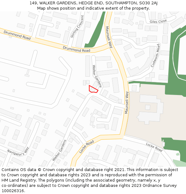 149, WALKER GARDENS, HEDGE END, SOUTHAMPTON, SO30 2AJ: Location map and indicative extent of plot