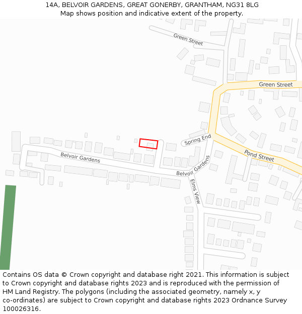 14A, BELVOIR GARDENS, GREAT GONERBY, GRANTHAM, NG31 8LG: Location map and indicative extent of plot