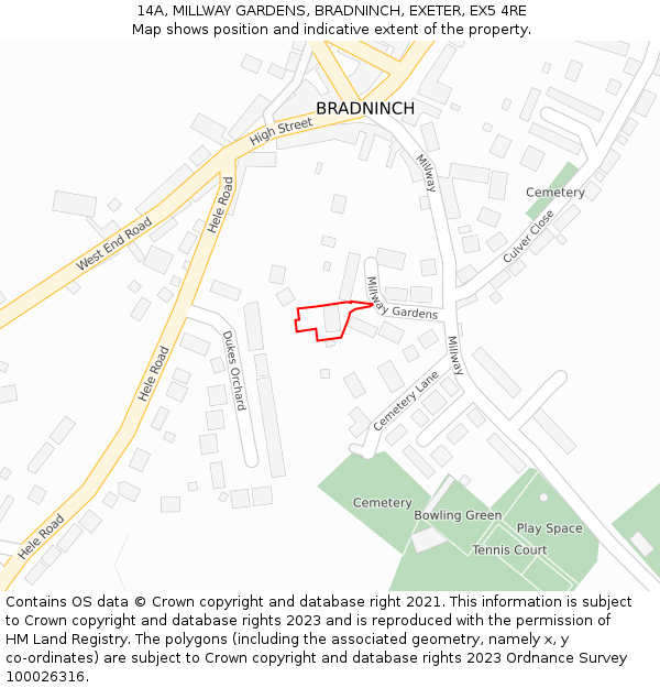14A, MILLWAY GARDENS, BRADNINCH, EXETER, EX5 4RE: Location map and indicative extent of plot