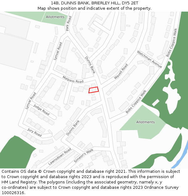 14B, DUNNS BANK, BRIERLEY HILL, DY5 2ET: Location map and indicative extent of plot