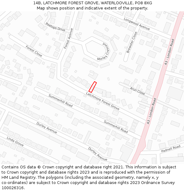 14B, LATCHMORE FOREST GROVE, WATERLOOVILLE, PO8 8XG: Location map and indicative extent of plot