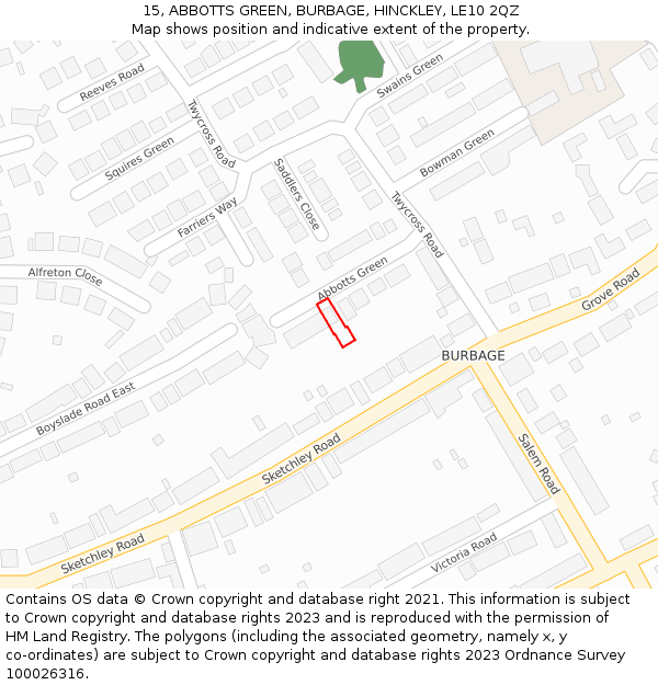 15, ABBOTTS GREEN, BURBAGE, HINCKLEY, LE10 2QZ: Location map and indicative extent of plot