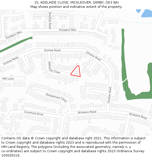 15, ADELAIDE CLOSE, MICKLEOVER, DERBY, DE3 9JN: Location map and indicative extent of plot