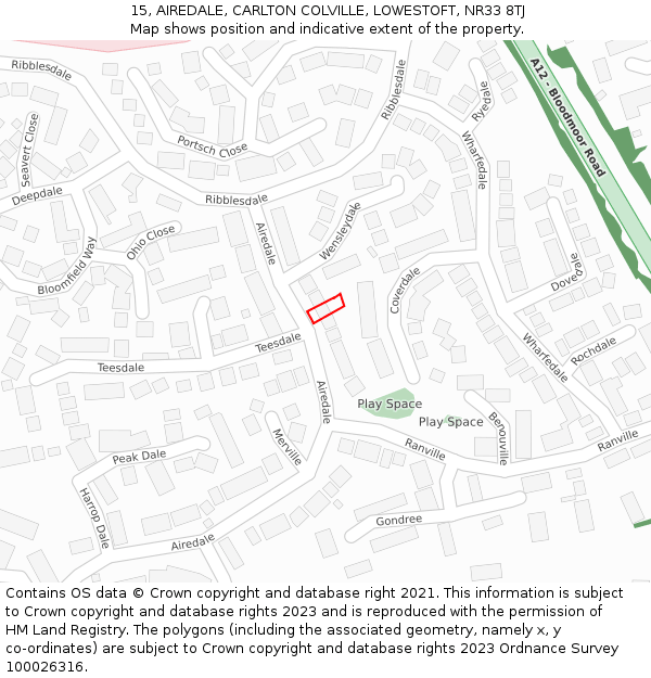 15, AIREDALE, CARLTON COLVILLE, LOWESTOFT, NR33 8TJ: Location map and indicative extent of plot