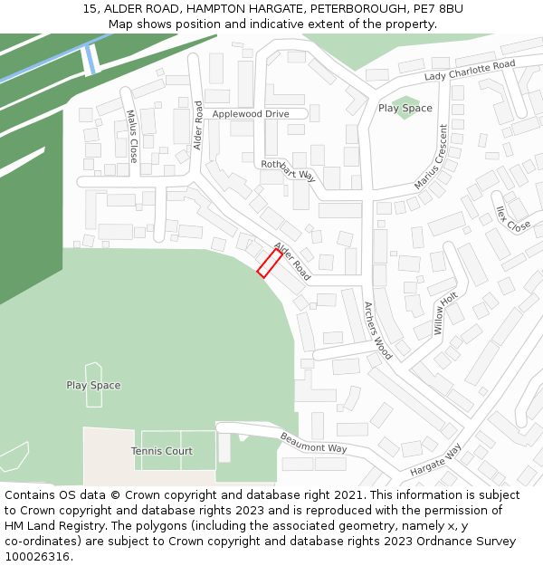 15, ALDER ROAD, HAMPTON HARGATE, PETERBOROUGH, PE7 8BU: Location map and indicative extent of plot