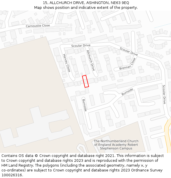 15, ALLCHURCH DRIVE, ASHINGTON, NE63 9EQ: Location map and indicative extent of plot