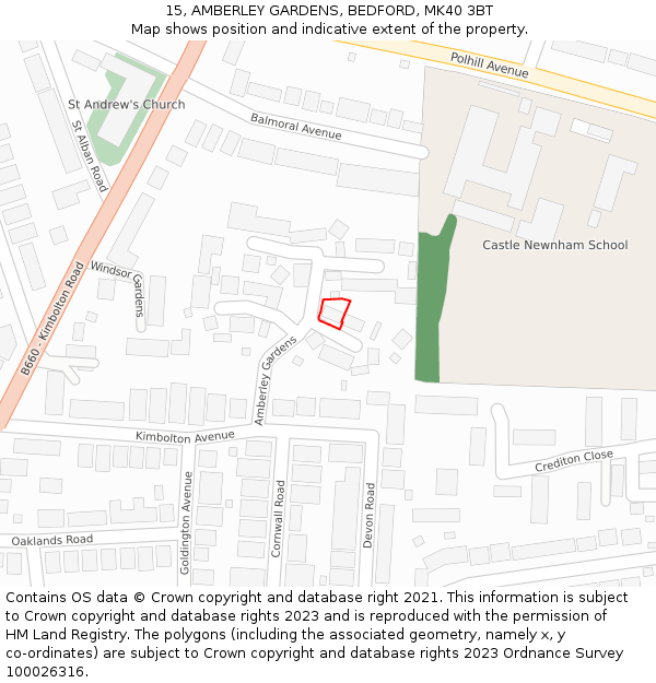 15, AMBERLEY GARDENS, BEDFORD, MK40 3BT: Location map and indicative extent of plot