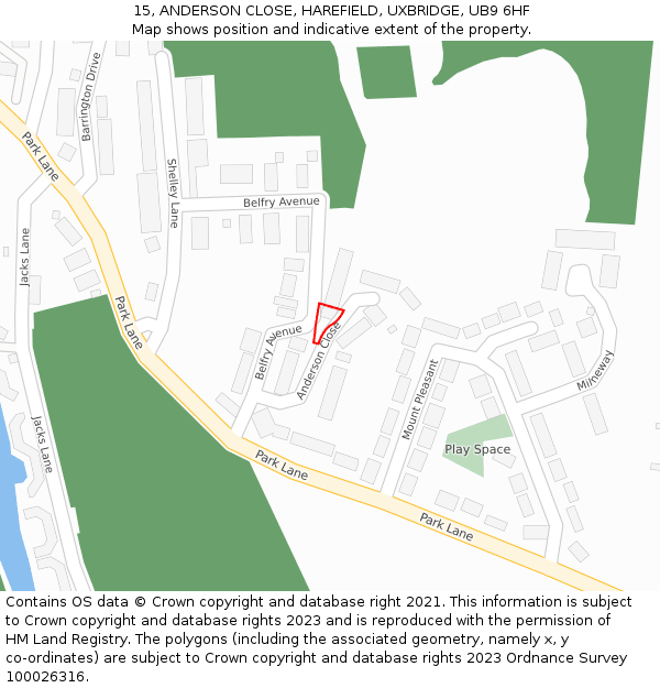 15, ANDERSON CLOSE, HAREFIELD, UXBRIDGE, UB9 6HF: Location map and indicative extent of plot