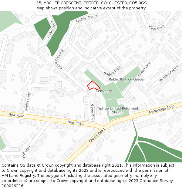 15, ARCHER CRESCENT, TIPTREE, COLCHESTER, CO5 0GS: Location map and indicative extent of plot