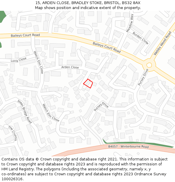 15, ARDEN CLOSE, BRADLEY STOKE, BRISTOL, BS32 8AX: Location map and indicative extent of plot