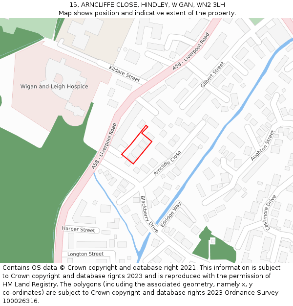 15, ARNCLIFFE CLOSE, HINDLEY, WIGAN, WN2 3LH: Location map and indicative extent of plot