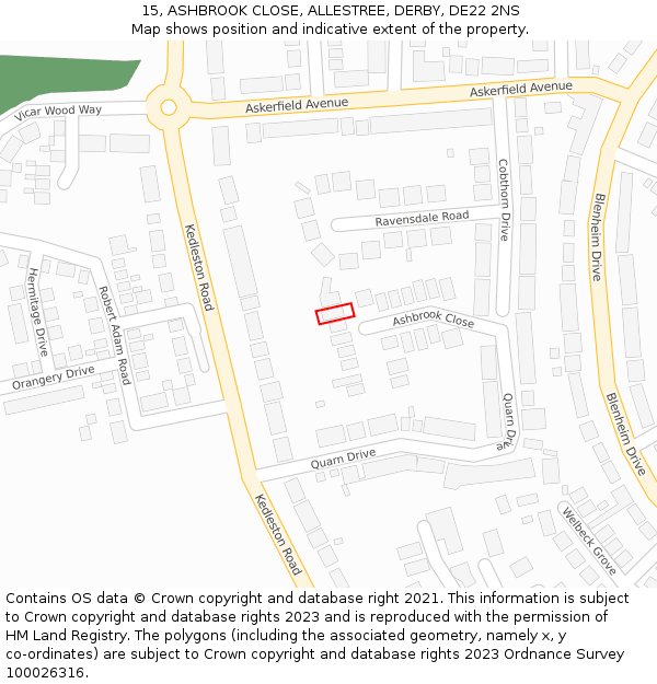 15, ASHBROOK CLOSE, ALLESTREE, DERBY, DE22 2NS: Location map and indicative extent of plot