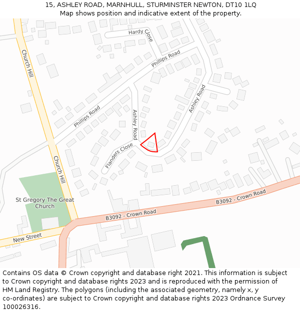 15, ASHLEY ROAD, MARNHULL, STURMINSTER NEWTON, DT10 1LQ: Location map and indicative extent of plot