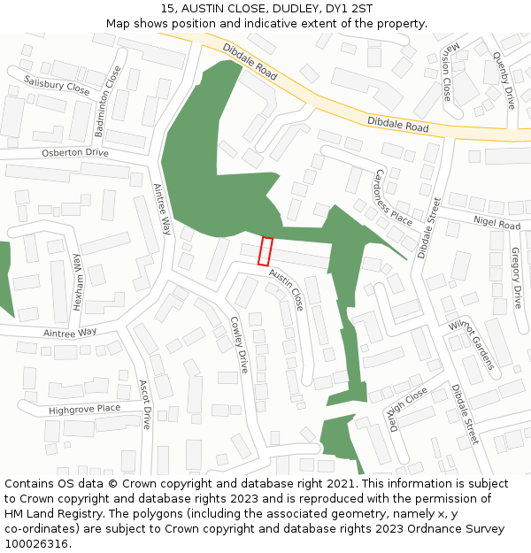 15, AUSTIN CLOSE, DUDLEY, DY1 2ST: Location map and indicative extent of plot
