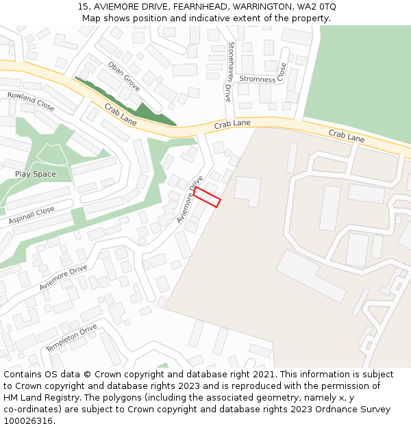 15, AVIEMORE DRIVE, FEARNHEAD, WARRINGTON, WA2 0TQ: Location map and indicative extent of plot