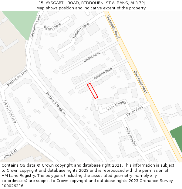 15, AYSGARTH ROAD, REDBOURN, ST ALBANS, AL3 7PJ: Location map and indicative extent of plot